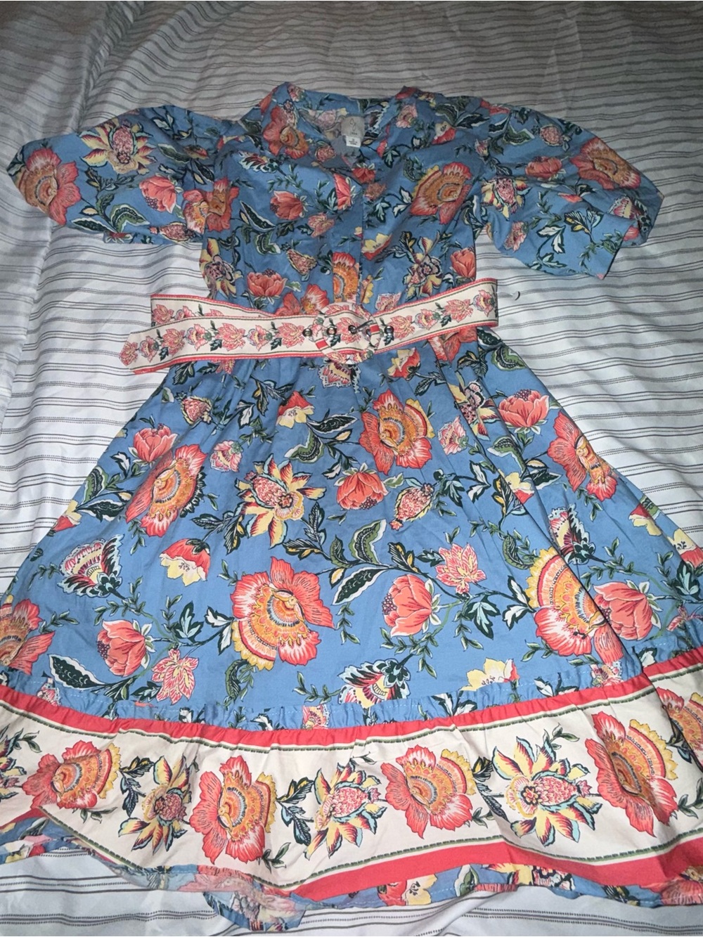 Joie Blue Floral Belted Women’s Dress with Pink-Orange Blooms
